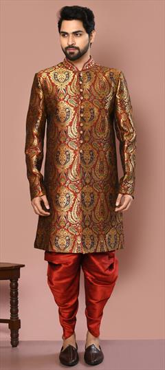 Red and Maroon color Dhoti Sherwani in Banarasi Silk fabric with Weaving work : 1859450