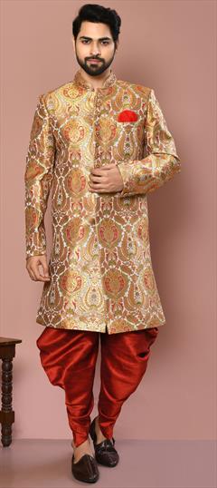 Blue, Gold color Dhoti Sherwani in Banarasi Silk fabric with Weaving work : 1859452