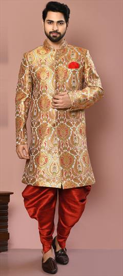 Gold, White and Off White color Dhoti Sherwani in Banarasi Silk fabric with Weaving work : 1859455