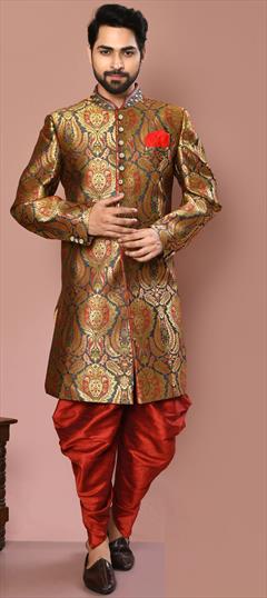 Black and Grey, Gold color Dhoti Sherwani in Banarasi Silk fabric with Weaving work : 1859457