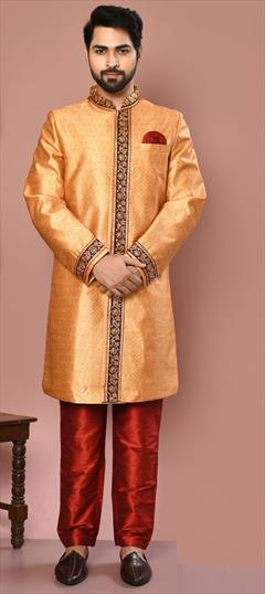Orange color Sherwani in Banarasi Silk fabric with Embroidered, Sequence, Thread, Zari work : 1859461