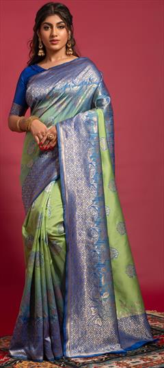 Festive Green color Saree in Blended, Silk fabric with Classic Printed, Weaving work : 1859724