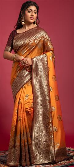 Festive Orange color Saree in Blended, Silk fabric with Classic Printed, Weaving work : 1859725