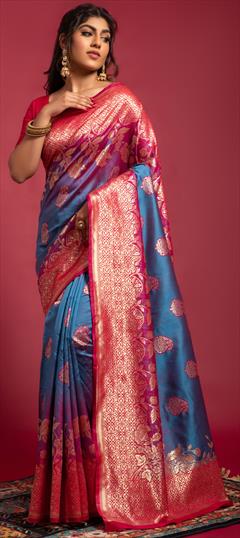 Festive Blue color Saree in Blended, Silk fabric with Classic Printed, Weaving work : 1859729