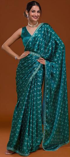 Designer, Party Wear Blue color Saree in Satin Silk fabric with Classic Bandhej, Embroidered, Sequence work : 1859740