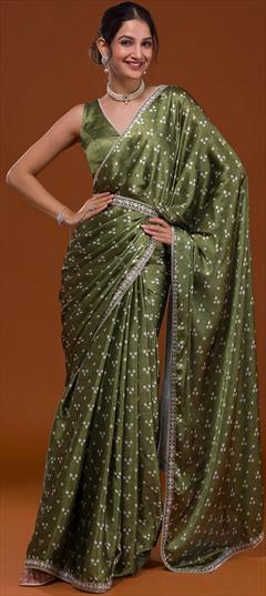 Designer, Party Wear Green color Saree in Satin Silk fabric with Classic Bandhej, Embroidered, Sequence work : 1859746