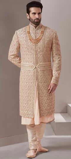 Beige and Brown color Sherwani in Silk fabric with Embroidered, Thread, Zardozi work : 1859843
