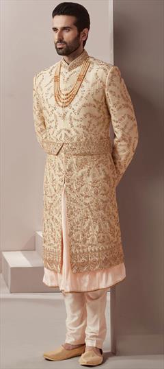 Gold color Sherwani in Silk fabric with Embroidered, Thread, Zardozi work : 1859844