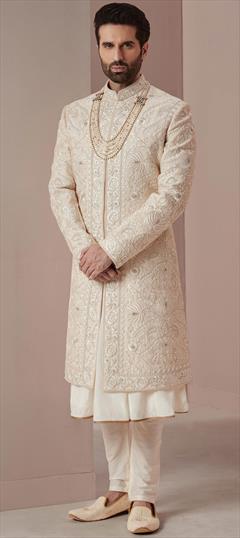 White and Off White color Sherwani in Silk fabric with Embroidered, Thread, Zardozi work : 1859846