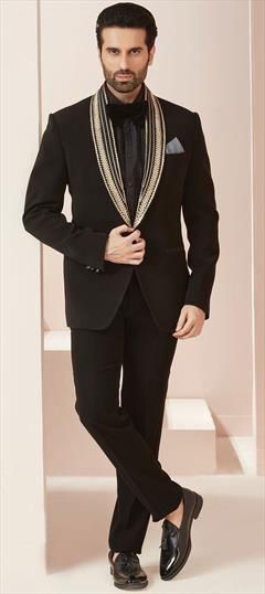 Black and Grey color Tuxedo in Imported fabric with Embroidered, Thread work : 1859887