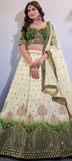 Party Wear, Reception Green, White and Off White color Lehenga in Art Silk fabric with A Line Sequence, Thread work : 1859891
