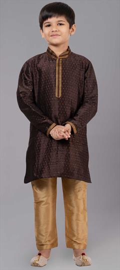 Beige and Brown color Boys Kurta Pyjama in Cotton fabric with Embroidered, Resham, Thread work : 1860018
