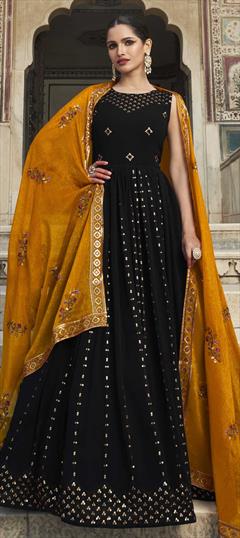 Designer, Party Wear Black and Grey color Gown in Georgette fabric with Anarkali Embroidered, Sequence, Thread work : 1860033