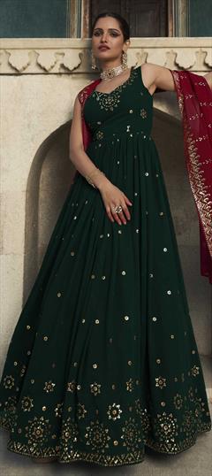 Designer, Party Wear Green color Gown in Georgette fabric with Anarkali Embroidered, Sequence, Thread work : 1860036