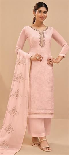 Party Wear, Reception Pink and Majenta color Salwar Kameez in Georgette fabric with Palazzo, Straight Embroidered, Sequence, Stone, Thread, Zari work : 1860055