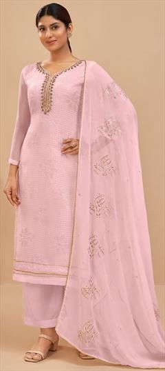 Party Wear, Reception Pink and Majenta color Salwar Kameez in Georgette fabric with Palazzo, Straight Embroidered, Sequence, Stone, Thread, Zari work : 1860056