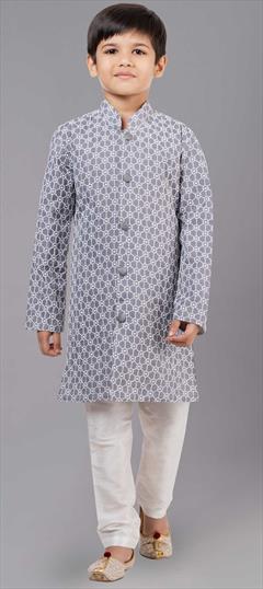 Black and Grey color Boys Kurta Pyjama in Silk cotton fabric with Embroidered work : 1860061
