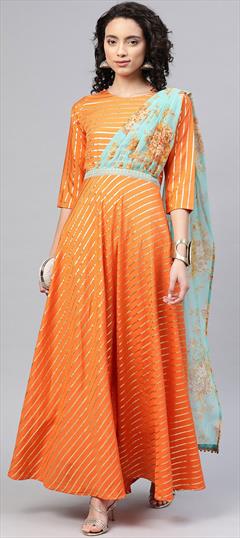 Party Wear Orange color Kurti in Crepe Silk fabric with Anarkali Printed work : 1860072
