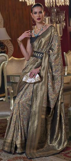 Party Wear, Traditional Black and Grey color Saree in Jacquard, Silk fabric with Classic Printed, Weaving work : 1860078