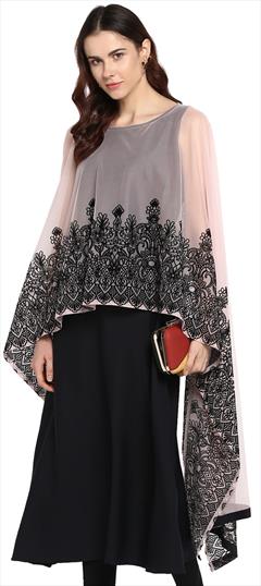 Party Wear Black and Grey color Kurti in Crepe Silk fabric with Anarkali Printed work : 1860079