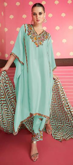 Festive, Party Wear Blue color Salwar Kameez in Satin Silk fabric with Asymmetrical Embroidered, Resham, Thread work : 1860236