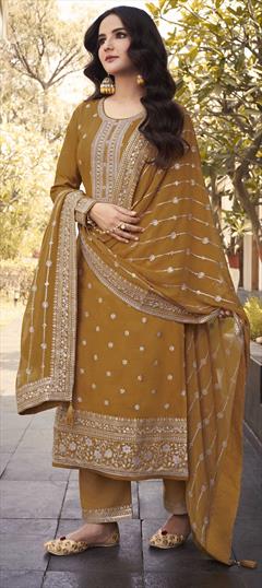 Festive, Reception Yellow color Salwar Kameez in Dolla Silk fabric with Straight Embroidered, Resham, Thread work : 1860242
