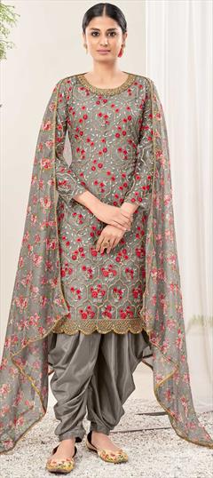Festive, Party Wear, Reception Black and Grey color Salwar Kameez in Net fabric with Patiala, Straight Embroidered, Sequence, Thread, Zari work : 1860249