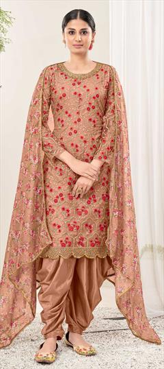 Festive, Party Wear, Reception Beige and Brown color Salwar Kameez in Net fabric with Patiala, Straight Embroidered, Sequence, Thread, Zari work : 1860250