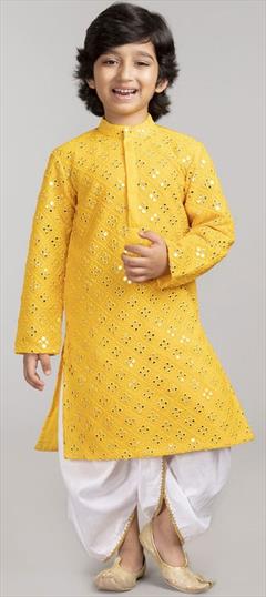 Yellow color Boys Dhoti Kurta in Georgette fabric with Embroidered, Mirror, Thread work : 1860252