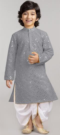 Black and Grey color Boys Dhoti Kurta in Georgette fabric with Embroidered, Mirror, Thread work : 1860256