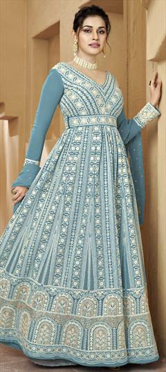 Party Wear, Reception Blue color Gown in Georgette fabric with Anarkali Embroidered, Sequence, Thread work : 1860276
