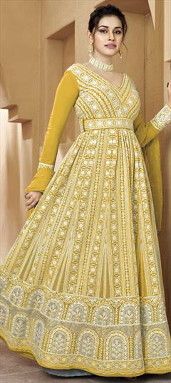 Party Wear, Reception Yellow color Gown in Georgette fabric with Anarkali Embroidered, Sequence, Thread work : 1860280
