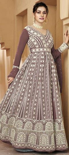 Party Wear, Reception Beige and Brown color Gown in Georgette fabric with Anarkali Embroidered, Sequence, Thread work : 1860281