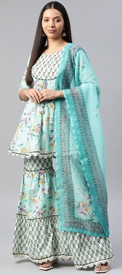 Festive, Party Wear, Reception Blue color Salwar Kameez in Cotton fabric with Anarkali, Sharara Bugle Beads, Cut Dana, Floral, Gota Patti, Printed work : 1860306