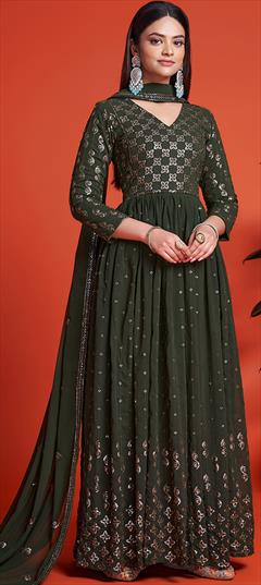 Festive, Reception Green color Gown in Georgette fabric with Embroidered, Sequence, Thread work : 1860307