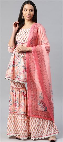 Festive, Party Wear, Reception Pink and Majenta color Salwar Kameez in Cotton fabric with Anarkali, Sharara Bugle Beads, Cut Dana, Floral, Gota Patti, Printed work : 1860309