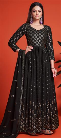 Festive, Reception Black and Grey color Gown in Georgette fabric with Embroidered, Sequence, Thread work : 1860310