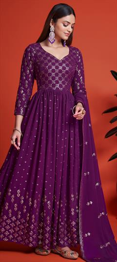 Festive, Reception Purple and Violet color Gown in Georgette fabric with Embroidered, Sequence, Thread work : 1860311