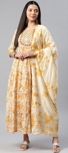 Festive, Party Wear Yellow color Kurti in Cotton fabric with Anarkali, Long Sleeve Embroidered, Printed, Resham, Thread, Zari work : 1860320