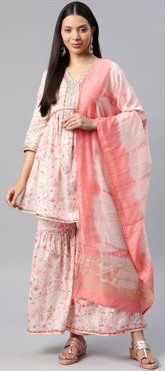 Festive, Party Wear Pink and Majenta color Salwar Kameez in Cotton fabric with Anarkali, Sharara Floral, Gota Patti, Printed, Resham, Thread, Zari work : 1860323