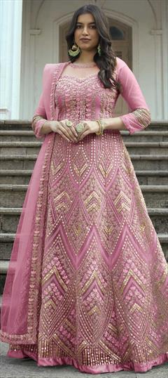 Festive, Reception Pink and Majenta color Salwar Kameez in Net fabric with Anarkali Embroidered, Sequence, Thread, Zari work : 1860362