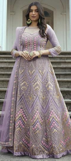Festive, Reception Purple and Violet color Salwar Kameez in Net fabric with Anarkali Embroidered, Sequence, Thread, Zari work : 1860364