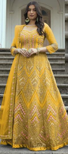 Festive, Reception Yellow color Salwar Kameez in Net fabric with Anarkali Embroidered, Sequence, Thread, Zari work : 1860365
