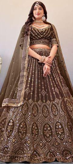 Designer, Reception, Wedding Beige and Brown color Lehenga in Net fabric with A Line Embroidered, Sequence, Thread work : 1860389