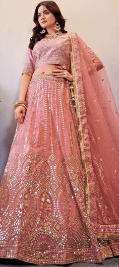 Designer, Reception, Wedding Pink and Majenta color Lehenga in Net fabric with A Line Embroidered, Sequence, Thread work : 1860390