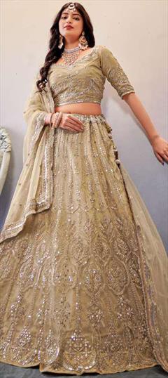 Designer, Reception, Wedding Beige and Brown color Lehenga in Net fabric with A Line Embroidered, Sequence, Thread work : 1860391