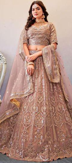 Designer, Reception, Wedding Beige and Brown color Lehenga in Net fabric with A Line Embroidered, Sequence, Thread work : 1860392