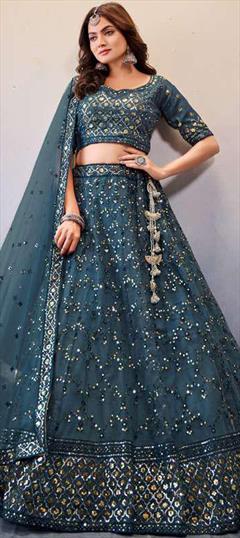 Designer, Reception, Wedding Blue color Lehenga in Net fabric with A Line Embroidered, Sequence, Thread work : 1860394