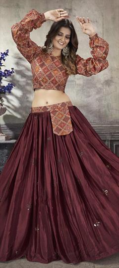 Bridal, Wedding Red and Maroon color Ready to Wear Lehenga in Art Silk fabric with A Line Embroidered, Printed, Sequence, Thread work : 1860438
