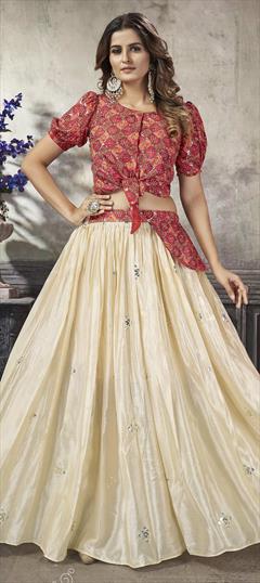 Bridal, Wedding White and Off White color Ready to Wear Lehenga in Art Silk fabric with A Line Embroidered, Printed, Sequence, Thread work : 1860439
